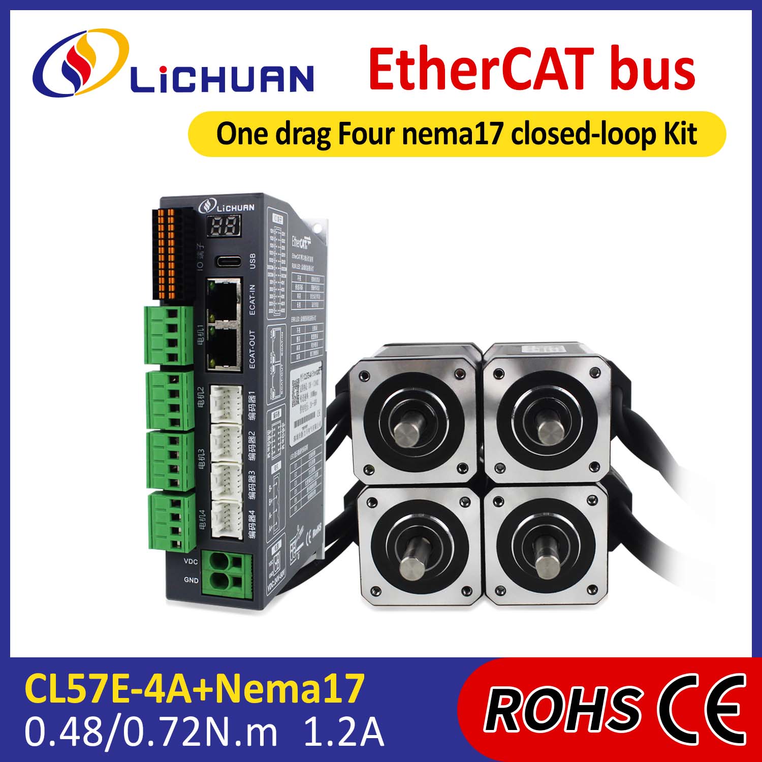 EtherCAT 2 เฟส Nema17 4 แกน DC Closed Loop Stepper Motor ชุดไดร์เวอร์