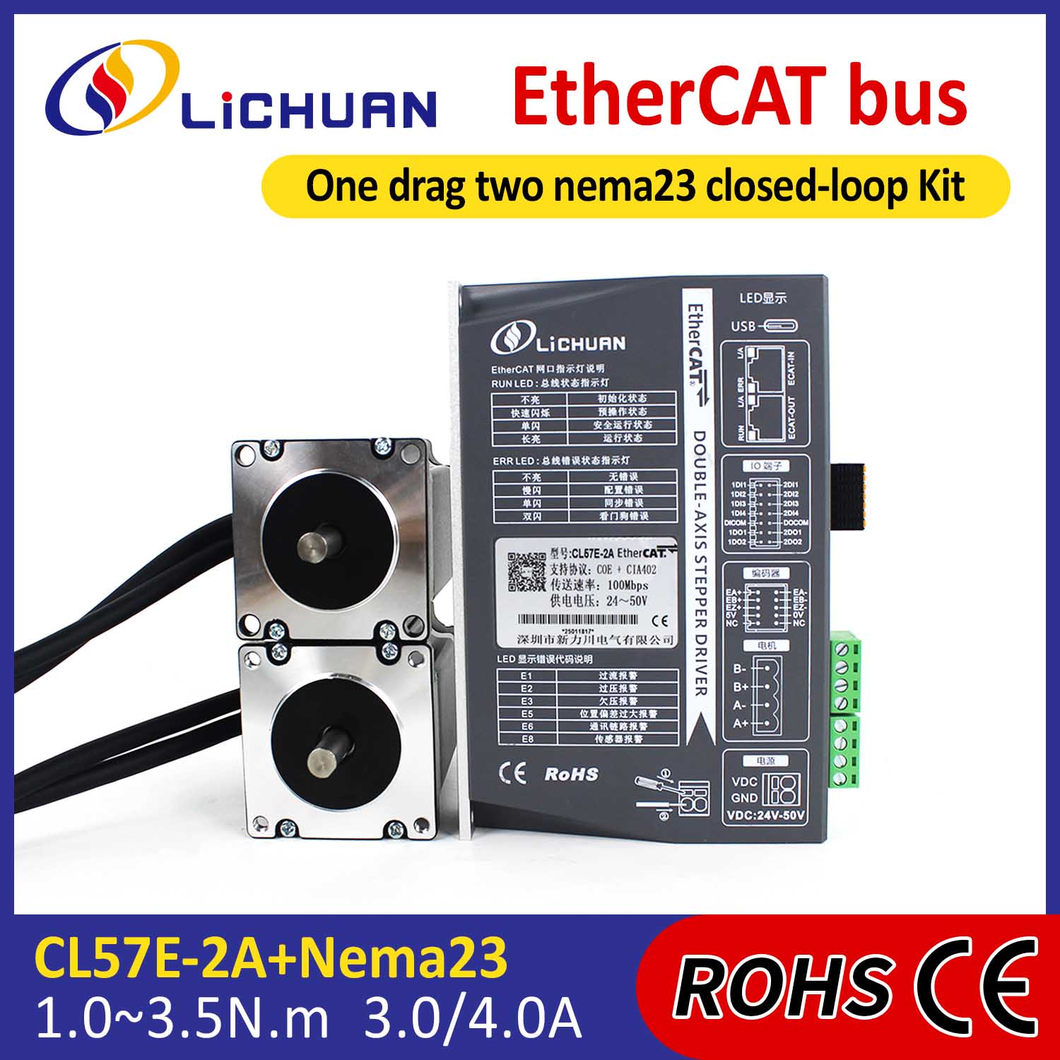 EtherCAT 2 เฟส Nema23 2 แกน DC Closed Loop Stepper Motor ชุดไดร์เวอร์