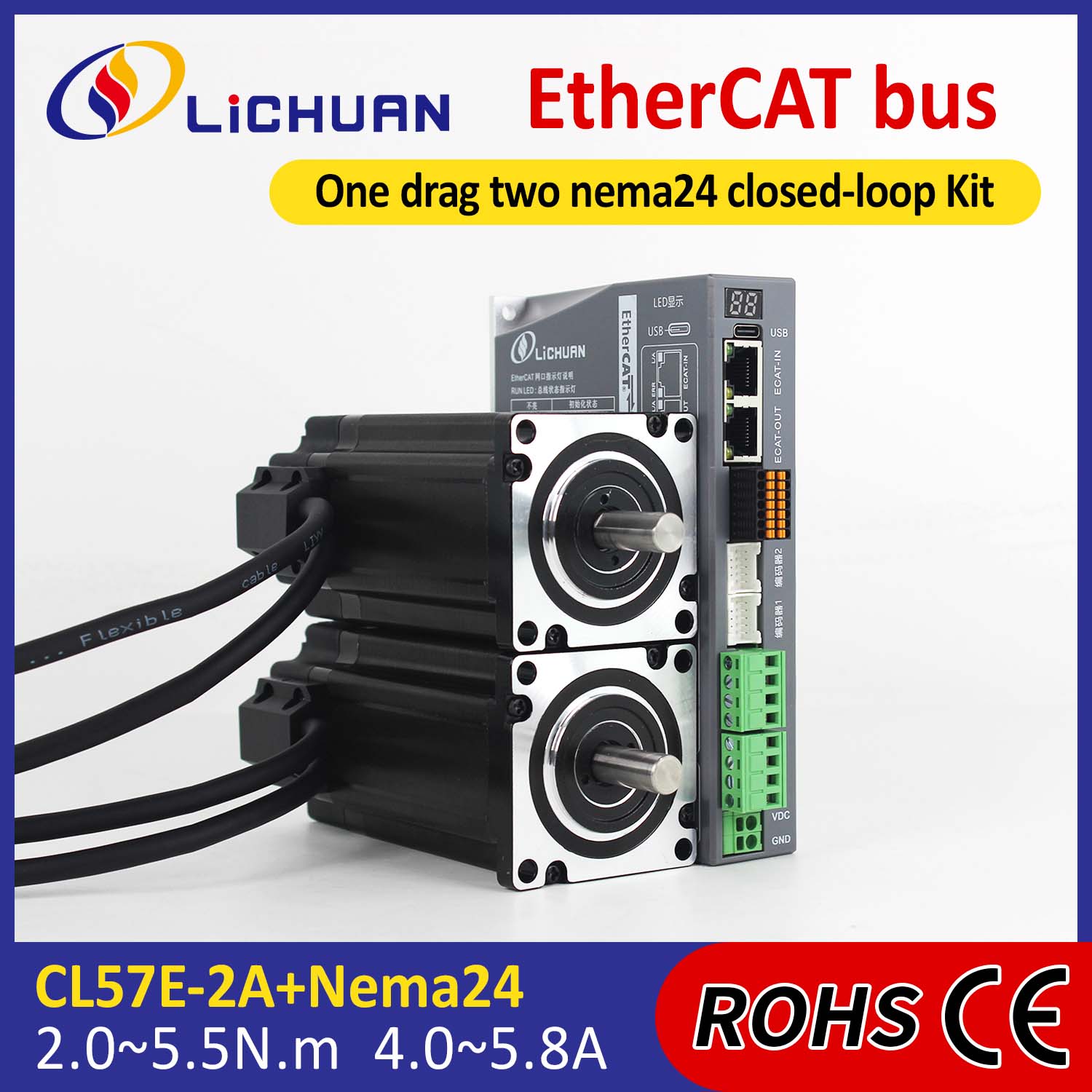 EtherCAT 2 เฟส Nema24 2 แกน DC Closed Loop Stepper Motor ชุดไดร์เวอร์