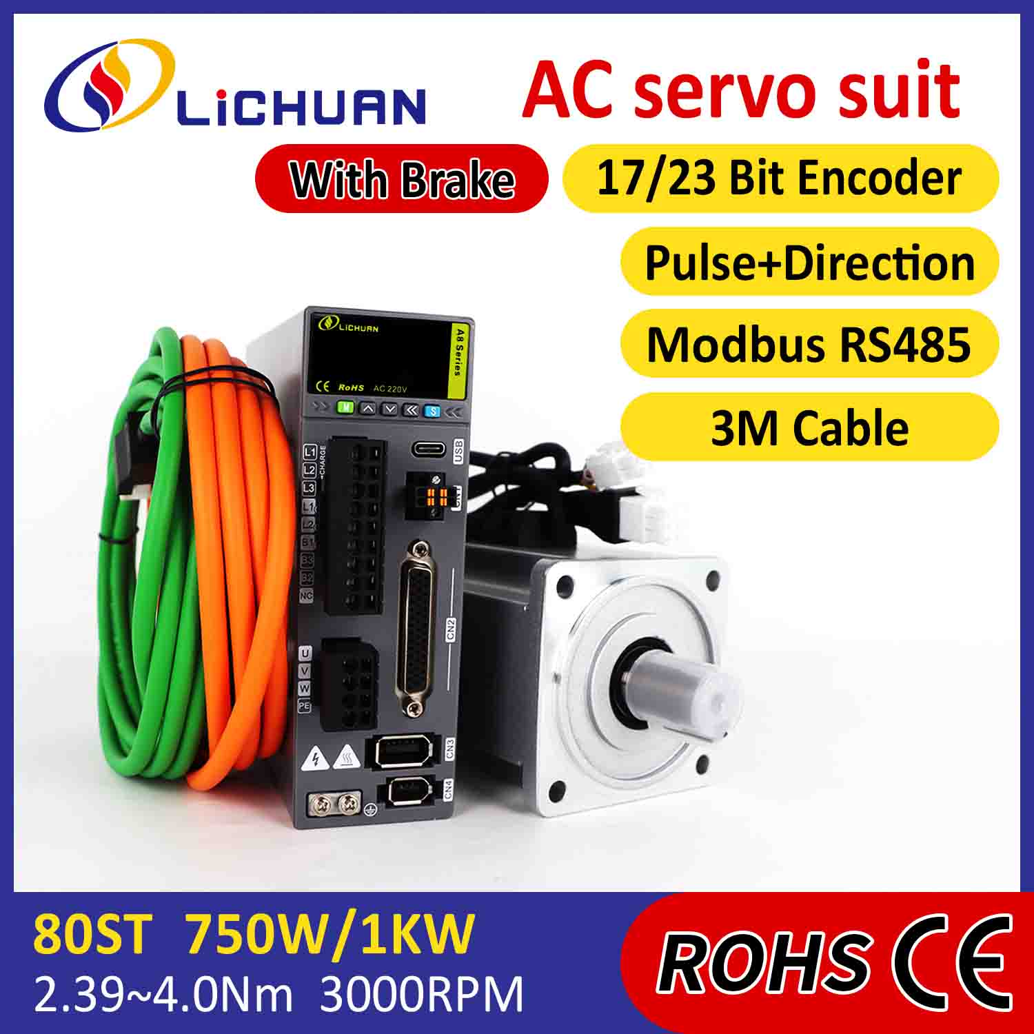 Lichuan AC เซอร์โวมอเตอร์ไดรเวอร์ชุด A8 ความแม่นยำสูง STO ABZ 1000W 1KW 3.2N.m 220V 5.8A 2500/3000RPM IP65