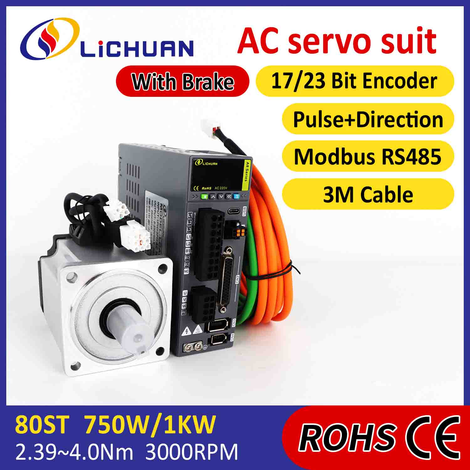 Lichuan AC เซอร์โวมอเตอร์ไดรเวอร์ชุด A8 ความแม่นยำสูง STO ABZ 1001W 1KW 4.0N.m 220V 4.6A 2500/3000RPM IP65