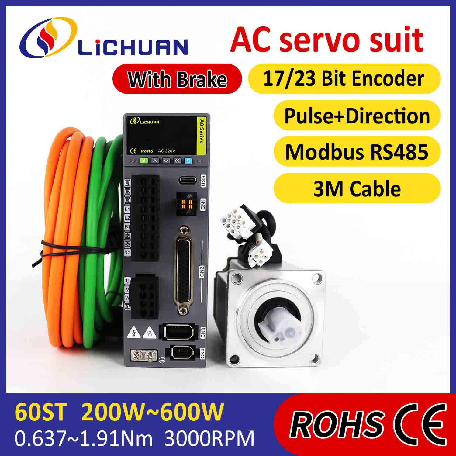 Lichuan AC เซอร์โวมอเตอร์ไดรเวอร์ชุด A8 ความแม่นยำสูง STO ABZ 200W 0.637N.m 220V 1.6A 3000RPM IP65