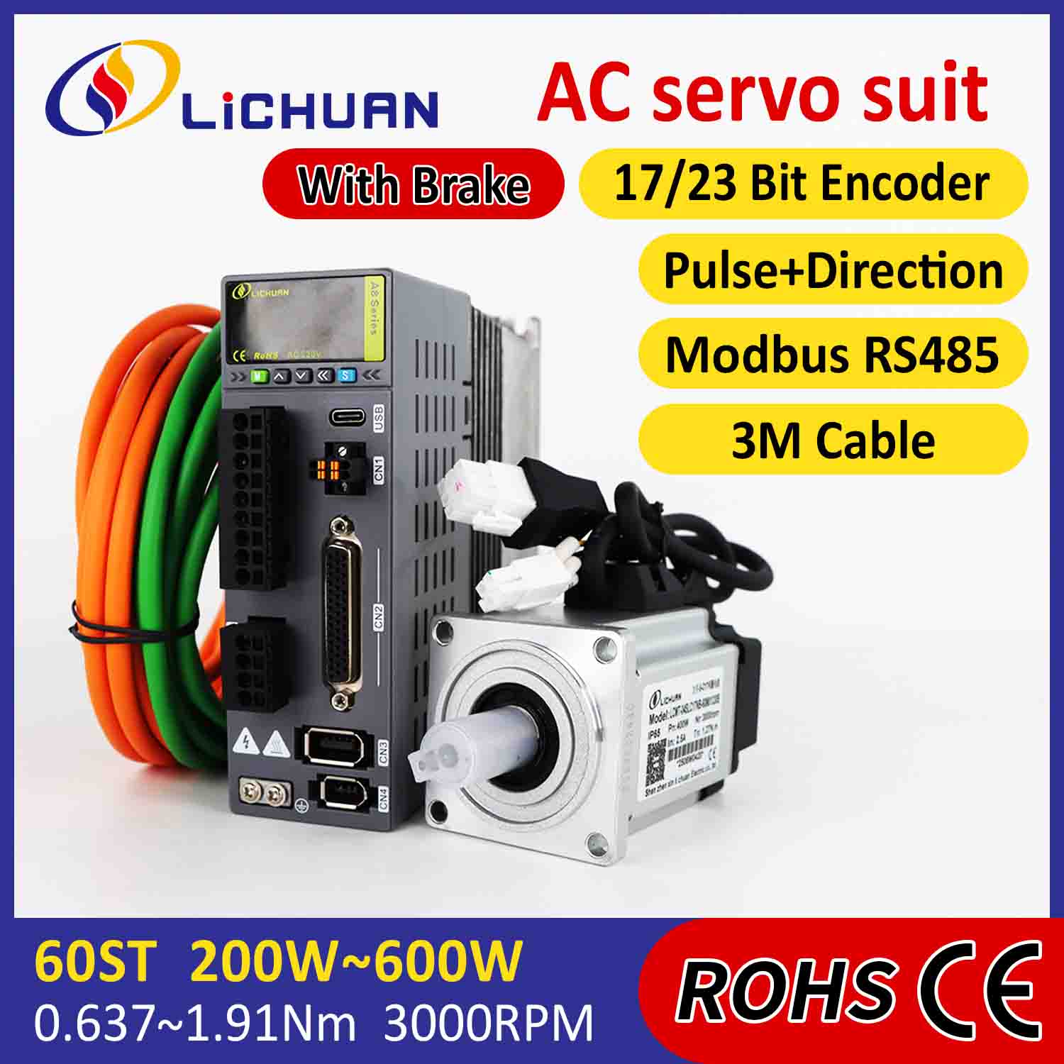 Lichuan AC เซอร์โวมอเตอร์ไดรเวอร์ชุด A8 ความแม่นยำสูง STO ABZ 400W 1.27N.m 220V 2.5A 3000RPM IP65