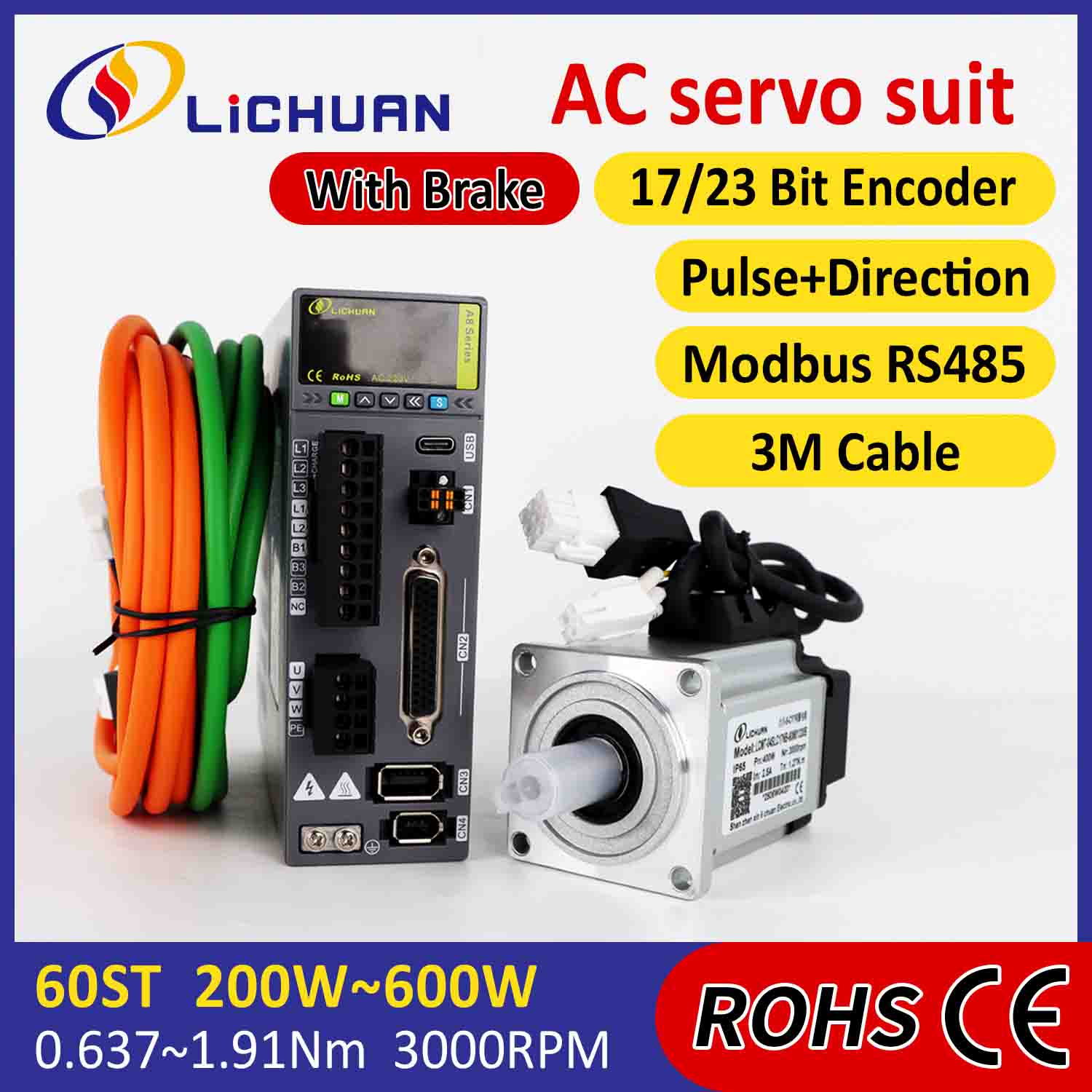 Lichuan AC เซอร์โวมอเตอร์ไดรเวอร์ชุด A8 ความแม่นยำสูง STO ABZ 600W 1.91N.m 220V 3.3A 3000RPM IP65