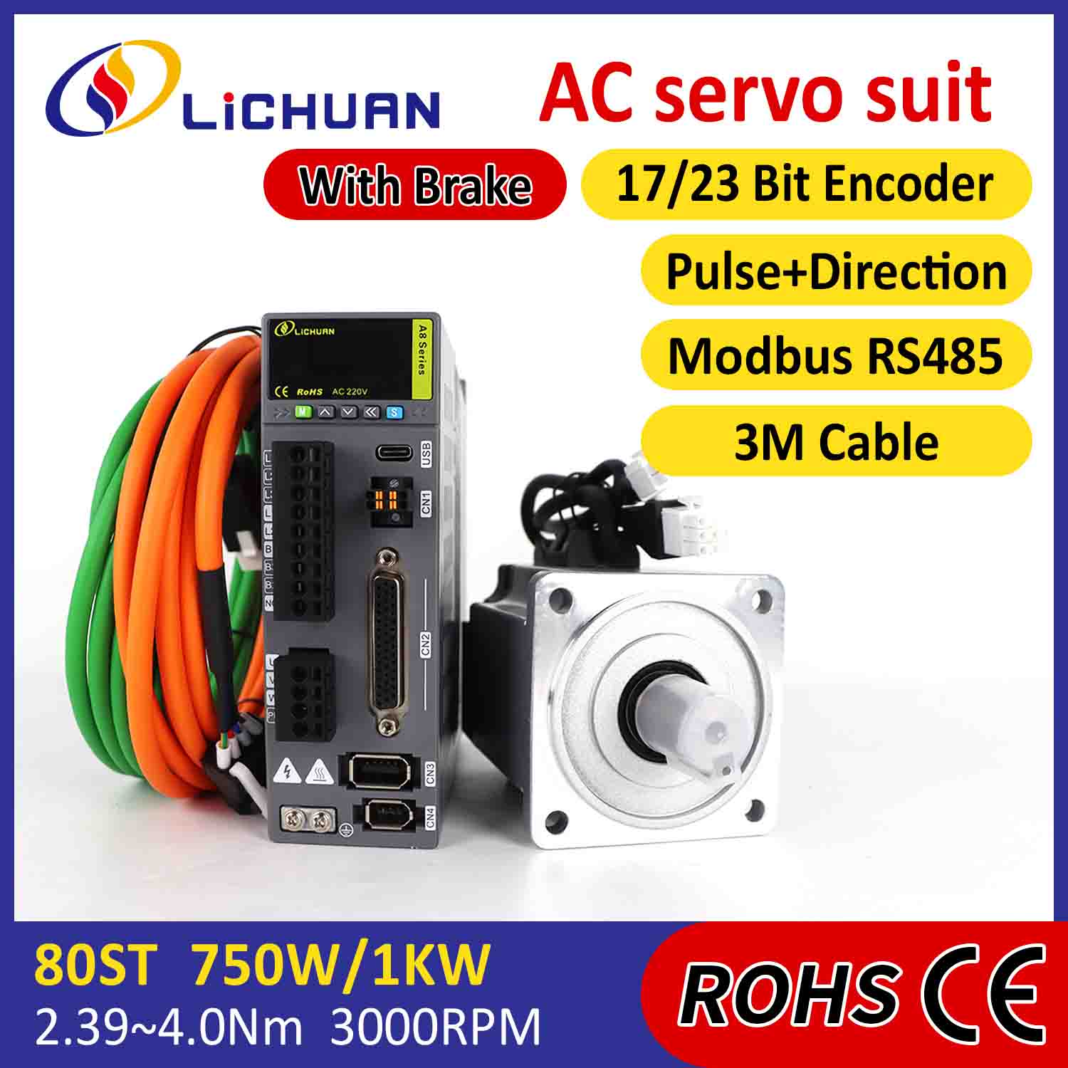 Lichuan AC เซอร์โวมอเตอร์ไดรเวอร์ชุด A8 ความแม่นยำสูง STO ABZ 750W 0.75KW 2.39N.m 220V 4.5A 2500/3000RPM IP65