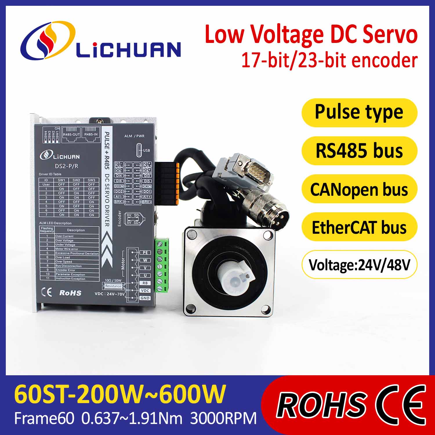 Pulse/RS485/CANopen/EtherCAT 60 FLANGED 200W/400W/600W แรงดันไฟฟ้าต่ำ DC เซอร์โวมอเตอร์ไดรเวอร์ชุด